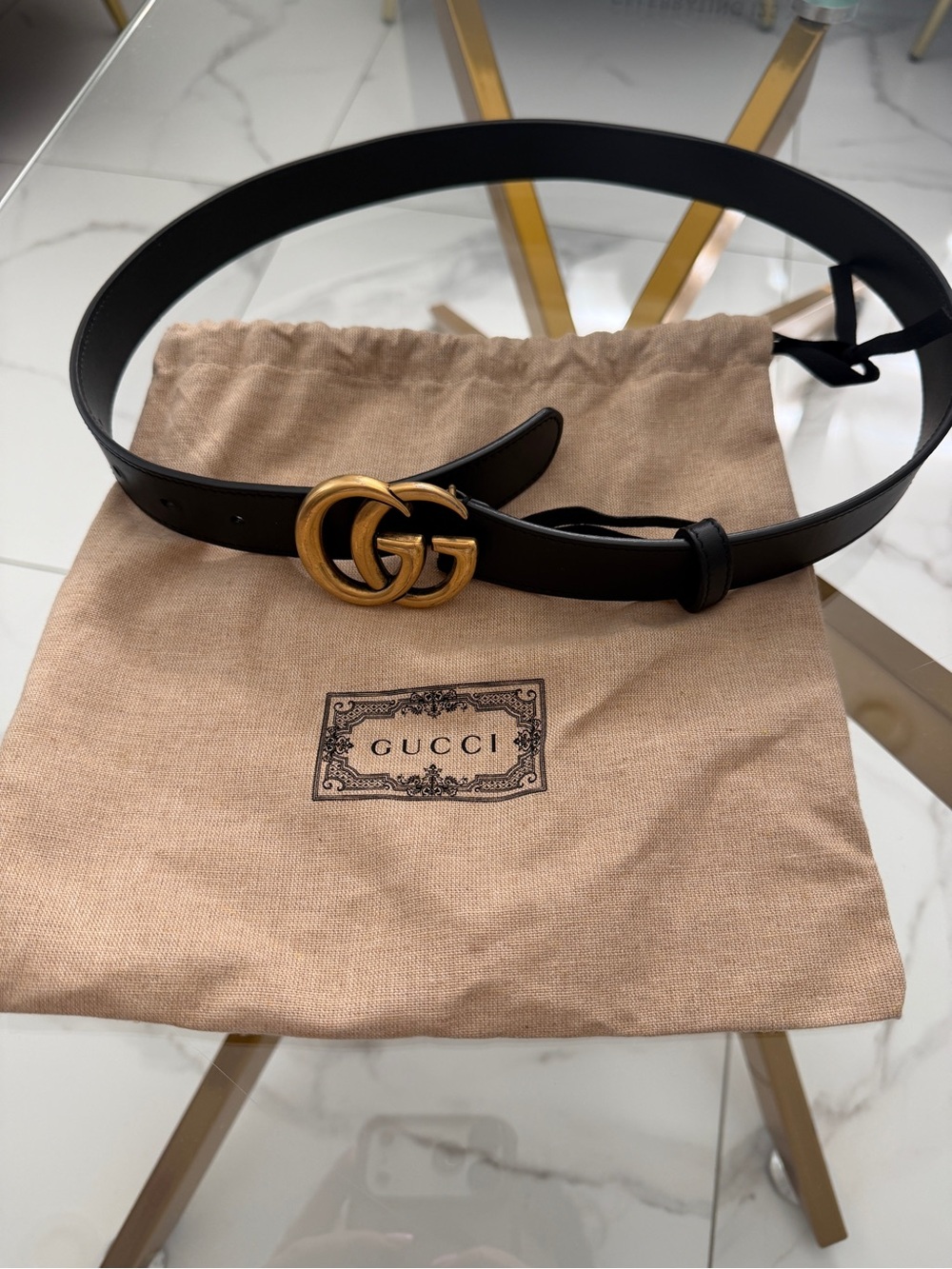 Gucci Black Leather Belt with Gold Double G Buckle